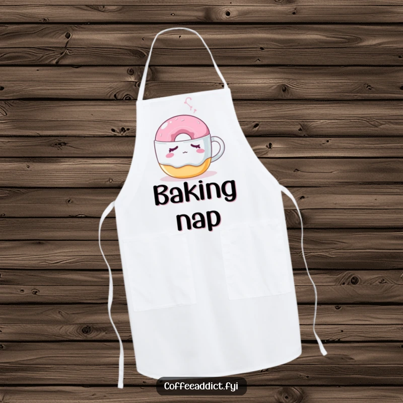 Funny donut apron featuring a sleepy donut nudged by a steaming coffee mug, perfect for humorous baking.