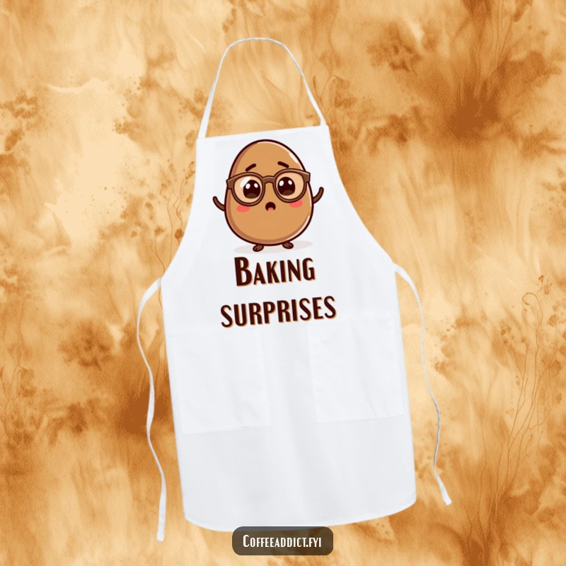Funny Kawaii Coffee Bean Apron adorned with a surprised character wearing spectacles, perfect for adding a quirky touch to cooking.