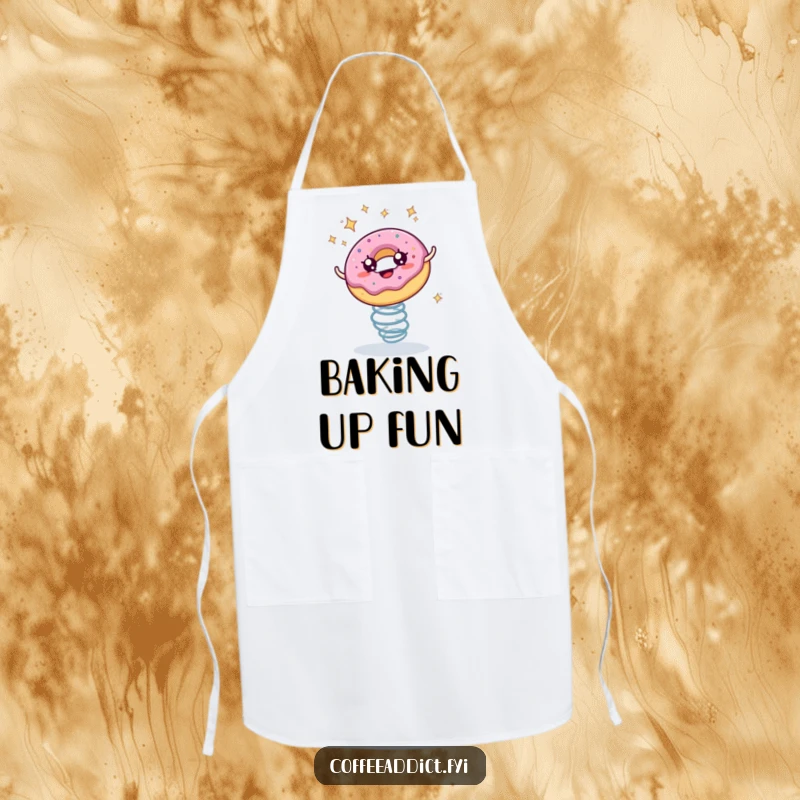 Funny apron with a starry-eyed donut joyfully bouncing on a spring, ideal for kitchen fun.