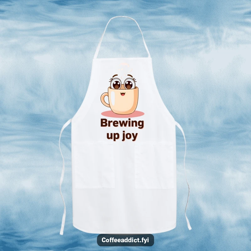 Funny apron design of a happy coffee mug character floating upwards, symbolizing the uplifting power of coffee during cooking.