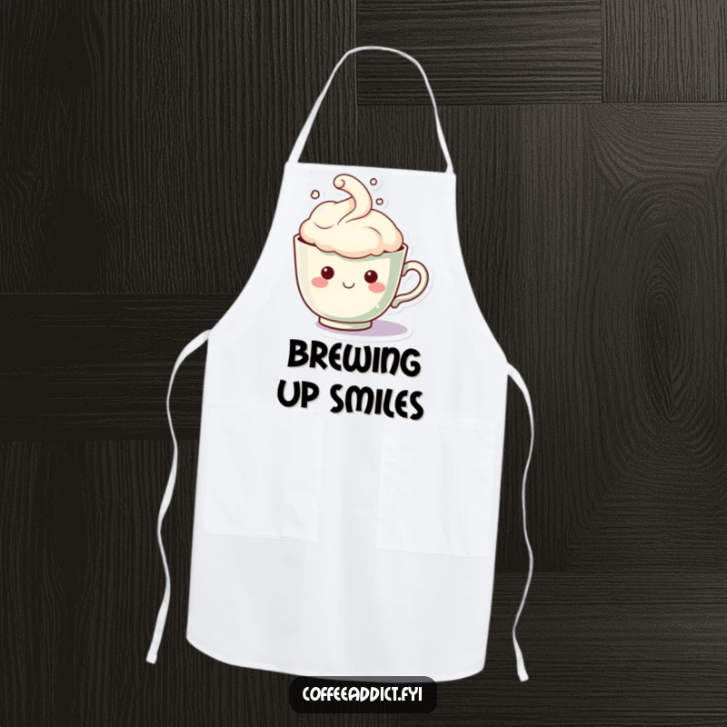 Funny Kawaii Teacup Apron: Cute teacup character with a steam cloud forming a happy face, designed for humorous and cozy kitchen wear.