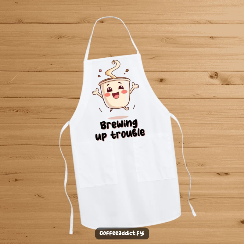 Funny excited coffee cup apron, steam rising, jumping for joy. A cheerful and humorous kitchen accessory for energetic chefs, a great gift.