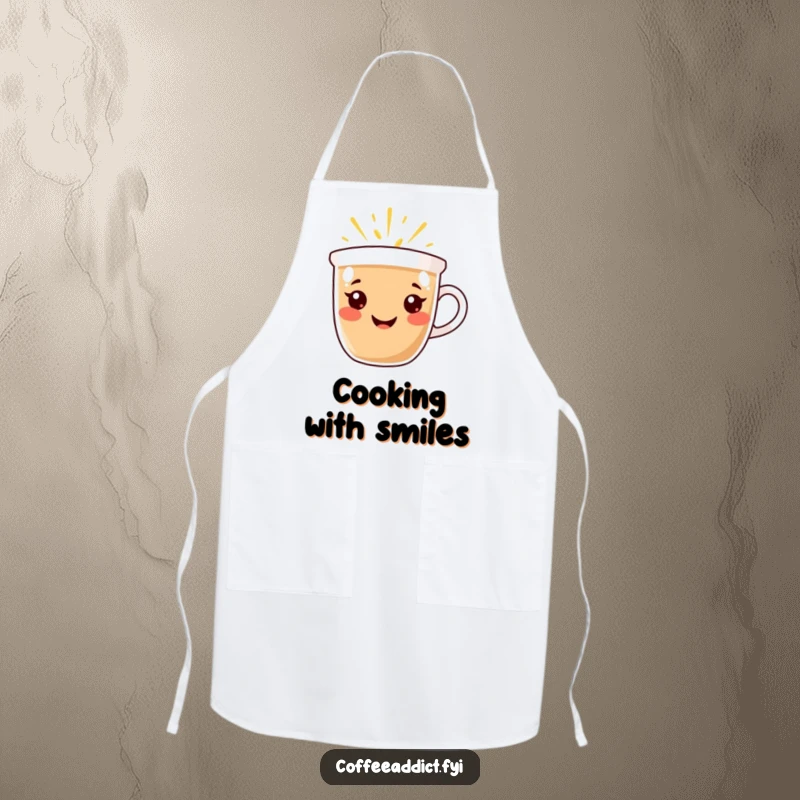 Funny Apron: Coffee cup character with a radiant smile, emanating warmth and happiness, bringing cheer to kitchen tasks.