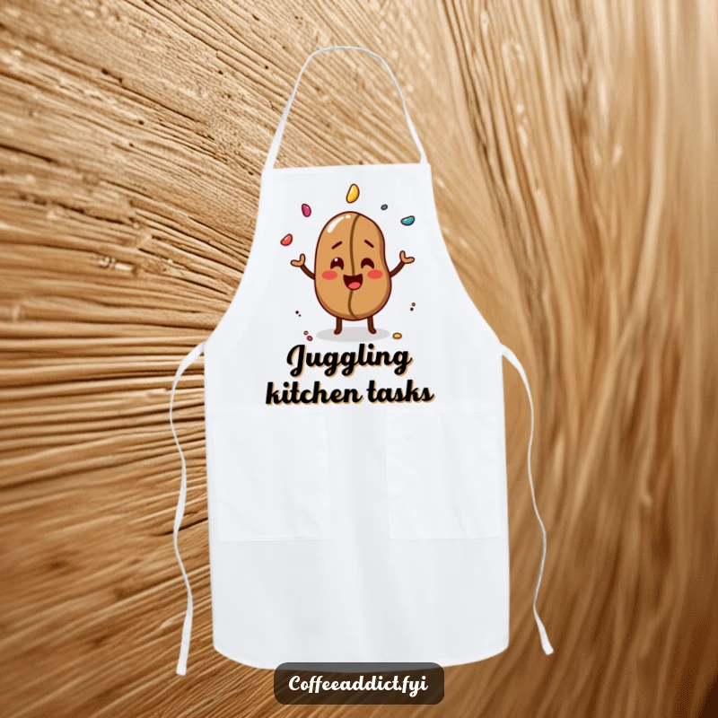Funny apron with a giggling coffee bean expertly juggling three colorful sprinkles, perfect for the kitchen.