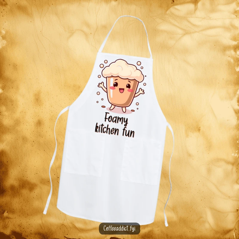 Funny Apron showcasing a coffee cup filled with bubbly foam doing a playful dance, perfect for adding a cheerful vibe to cooking.