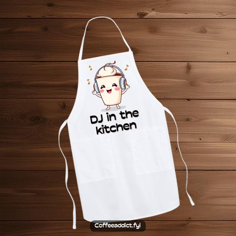 Funny coffee cup character with headphones, grooving while cooking, on a practical and humorous kitchen apron.