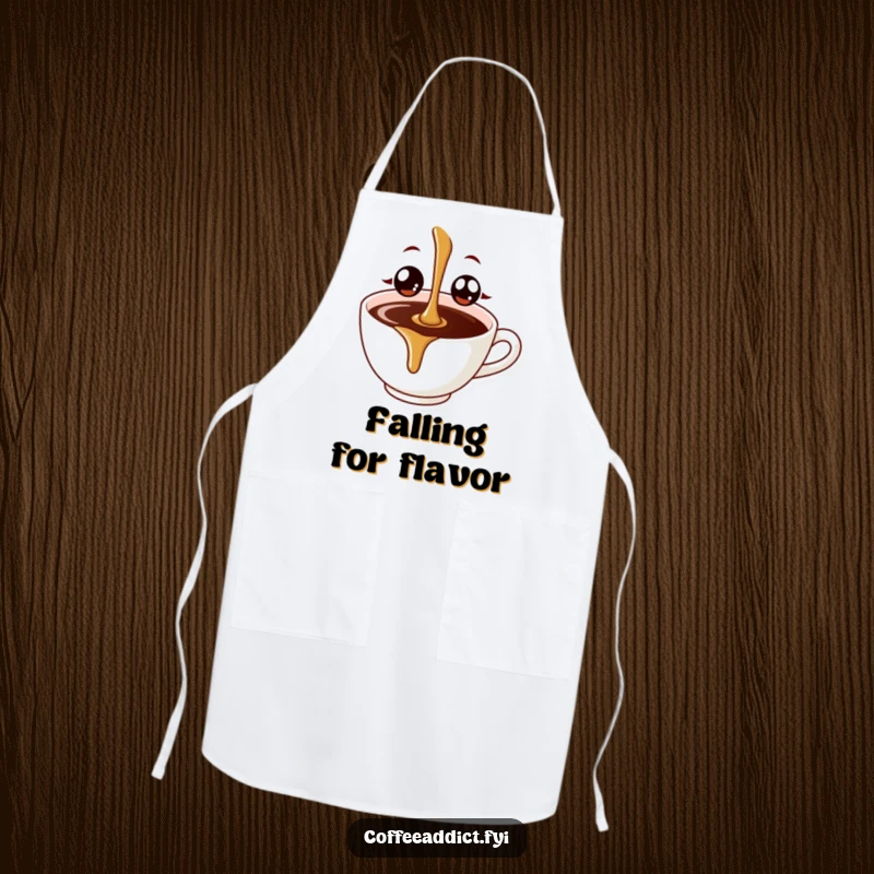 Funny coffee drip with oversized, cheerful eyes about to land in a coffee cup, featured on a practical kitchen apron.