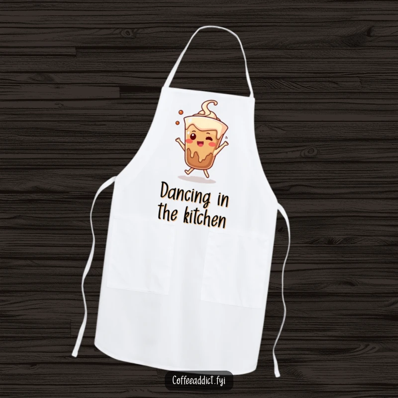 Funny apron featuring a dancing coffee drip character, perfect for chefs who cook with rhythm.