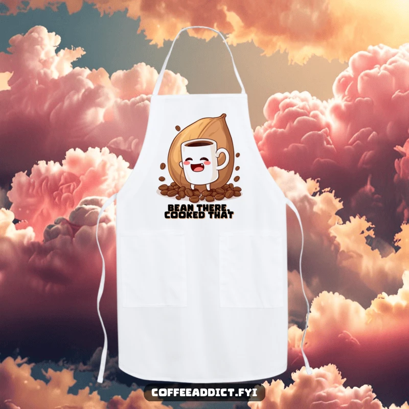 Funny apron art showing a coffee mug character hilariously trying to handle a massive coffee bean, kitchen humor.