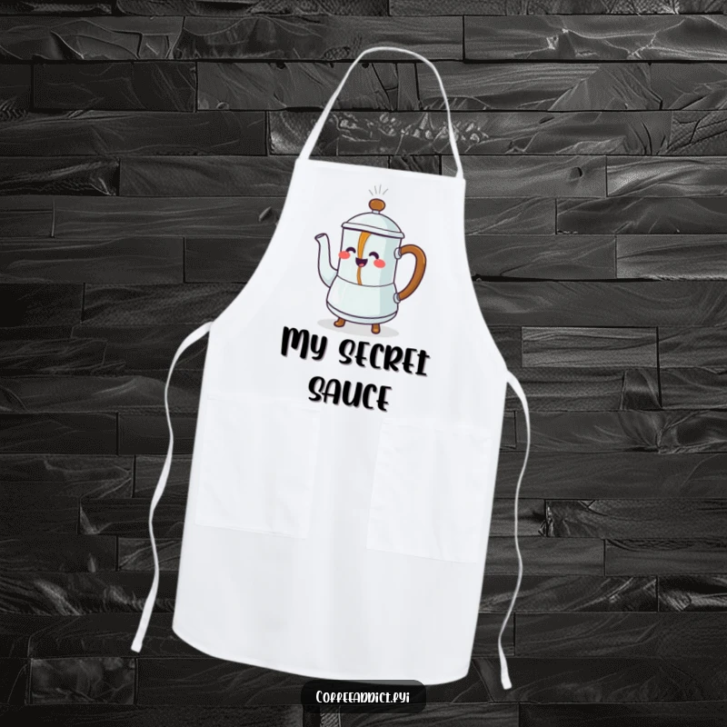Funny Apron: Steaming coffee pot character pouring dancing coffee, adding humor and protection to kitchen activities.