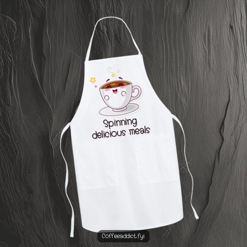 Funny apron with a spinning coffee saucer character, bringing a playful spirit to the kitchen.