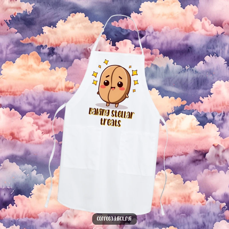 Funny apron featuring a dazed coffee bean with stars, perfect for keeping clothes clean during cooking with a happy, whimsical vibe.