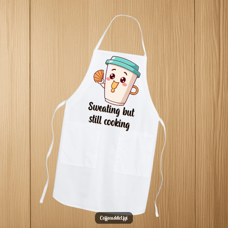 Funny coffee cup character with a happy dribble, fanning itself with a leaf, looking cool and ready for kitchen duty on an apron.