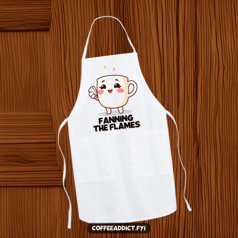 Funny cheerful coffee mug with rosy cheeks dramatically fanning itself, on a functional kitchen apron.