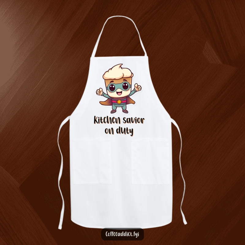 Funny heroic espresso shot apron, striking a tiny pose. A bold and humorous kitchen accessory for brave cooks, a great gift.