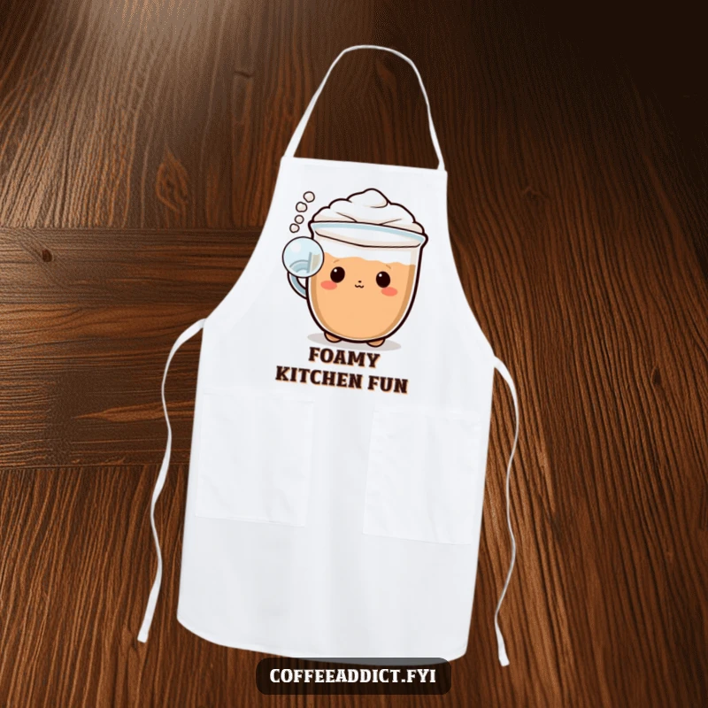 Funny Kawaii cappuccino apron with a character blowing a playful bubble of foam, perfect for cooking and baking.