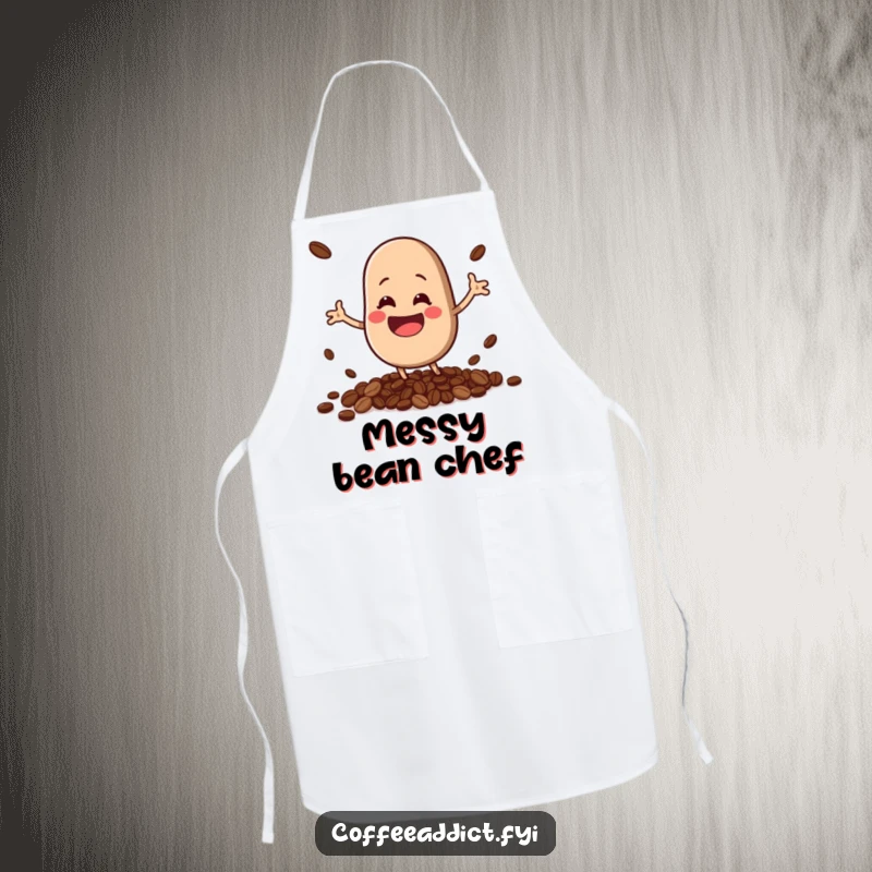 Funny kawaii coffee bean character with a big grin, comically spilling beans, worn on a chef's apron.