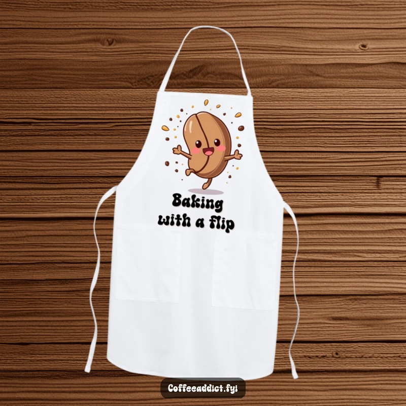 Funny Kawaii Coffee Bean Apron: Energetic coffee bean performing a somersault, adding playful humor to kitchen activities.