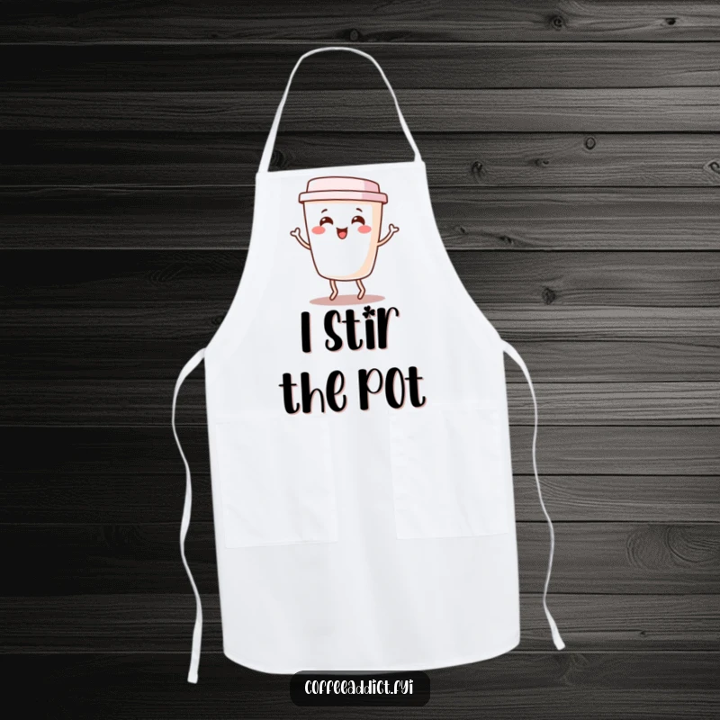 Funny Kawaii Coffee Cup Apron showing a cute character doing a happy little jig, perfect for cooking with joy and humor.