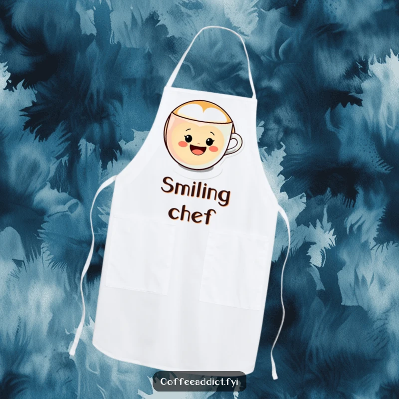 Funny Kawaii Latte Art Apron featuring a character making a cheerful smiley face in a coffee cup, great for cooking.