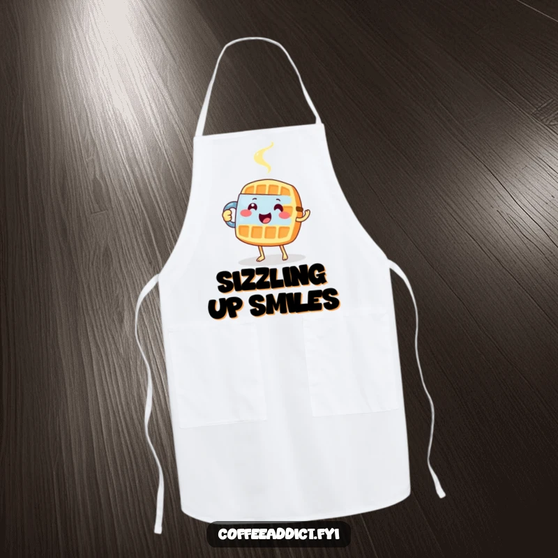Funny apron with a happy waffle carefully tiptoeing with a steaming mug, perfect for the kitchen.