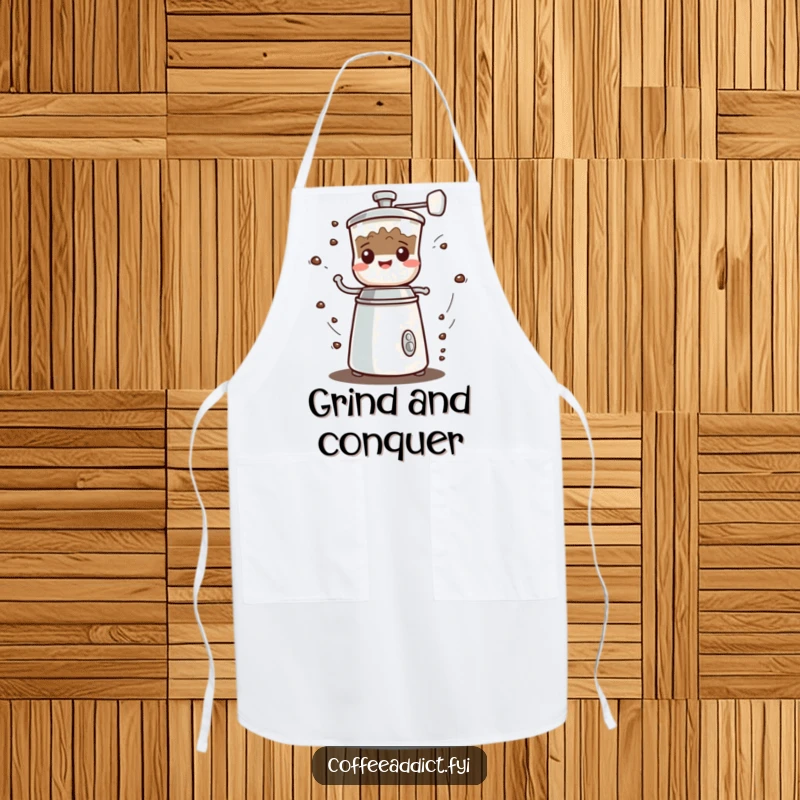 Funny Kawaii Coffee Grinder Apron featuring a character spinning fast with a cheerful grumbled sound, ideal for cooking.