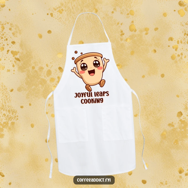 Funny apron showcasing a kawaii coffee character with wide eyes doing an excited, joyful leap while cooking.