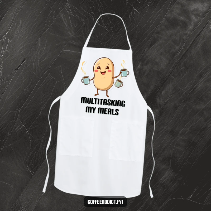 Funny apron featuring a coffee bean character juggling steaming mugs, perfect for adding a touch of whimsical fun to cooking.