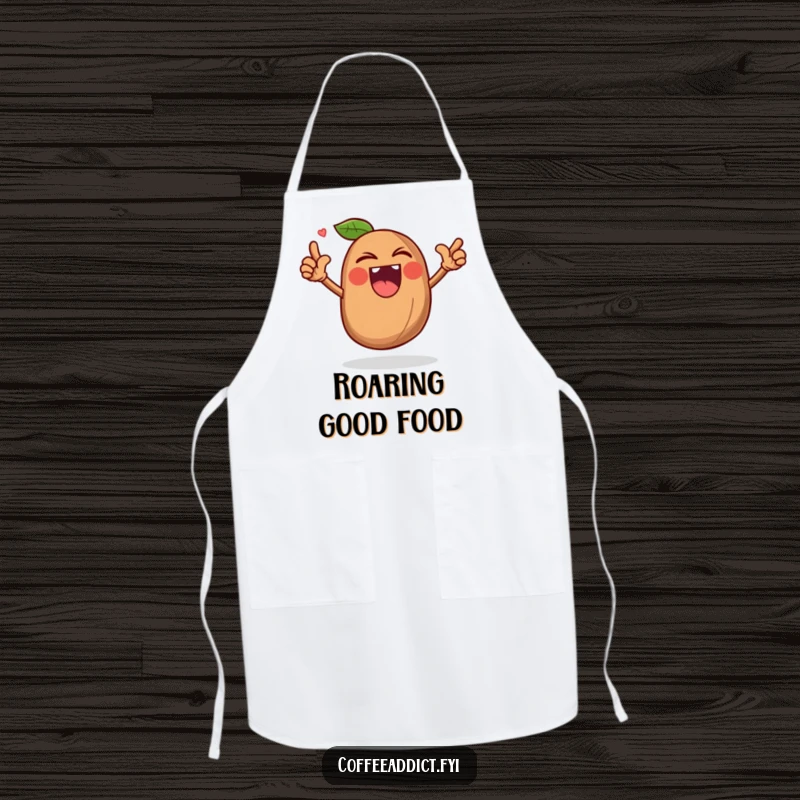 Funny apron with a triumphant coffee bean character roaring, perfect for chefs who cook with might.