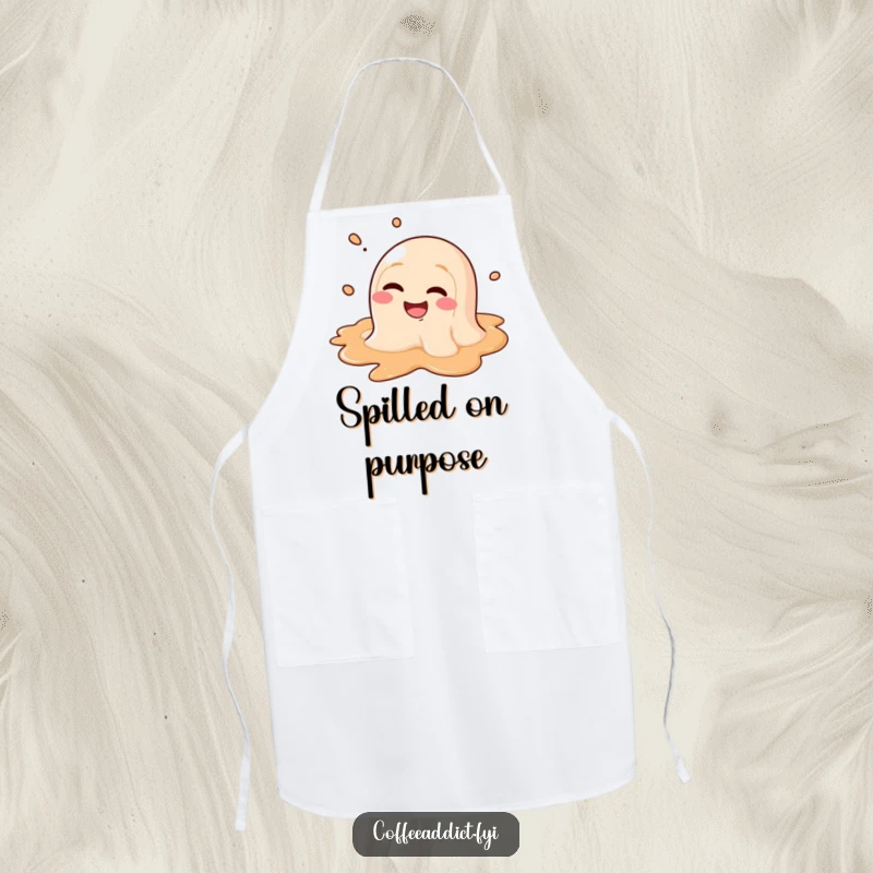 Funny apron art showing a coffee puddle character comically melting with a wide, goofy grin, kitchen humor.