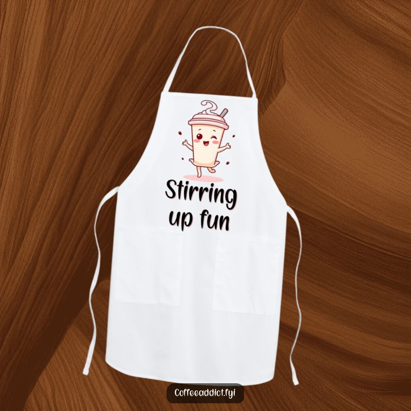 Funny Kawaii Coffee Stirrer Dancer Apron featuring a tiny character performing a lively dance, great for kitchen activities.
