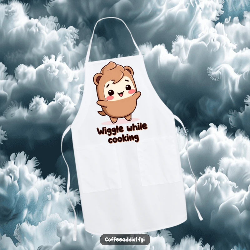 Funny Kawaii mocha apron with a giggling character doing a joyful wiggle, perfect for cooking and baking adventures.