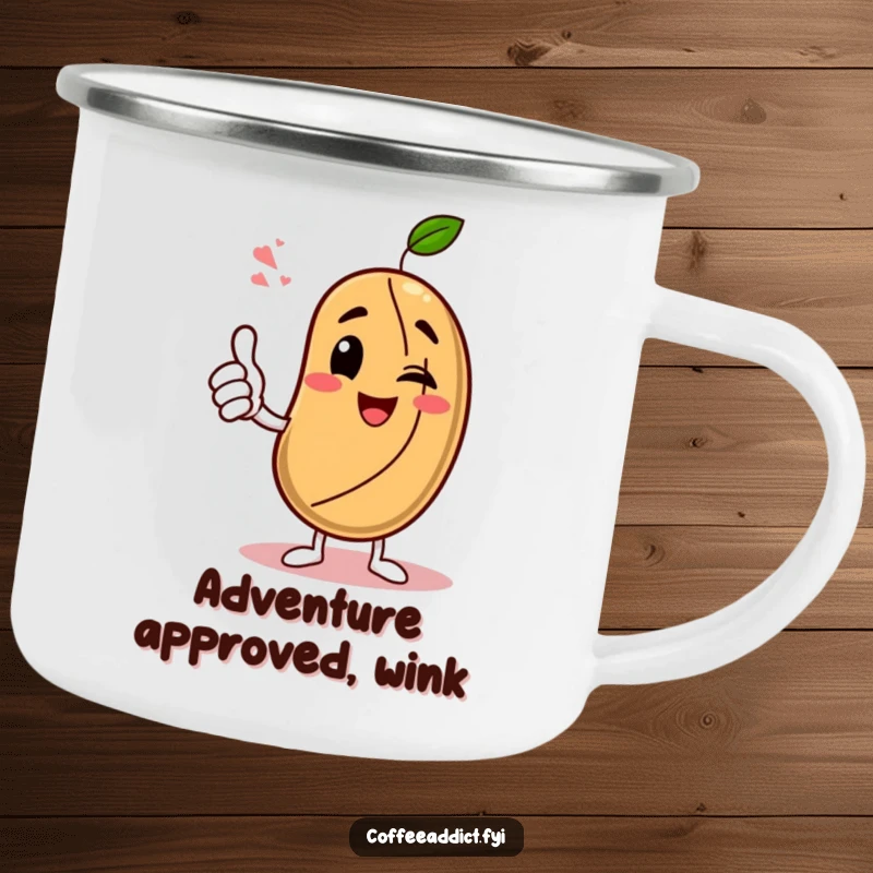 Funny Camping Mug: Coffee bean character giving an enthusiastic thumbs-up with a wink, ideal for outdoor adventures and approvals.