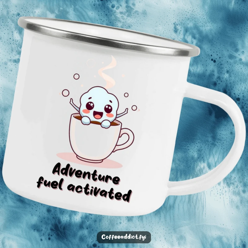 Funny Coffee Molecule Camping Mug with an excited character popping from a cup, for humorous outdoor enjoyment.