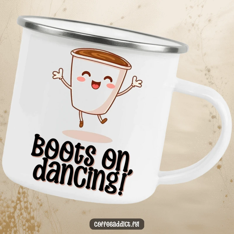 Funny camping mug featuring a dancing coffee cup character with tiny legs, ready for outdoor adventures and cheerful sips.