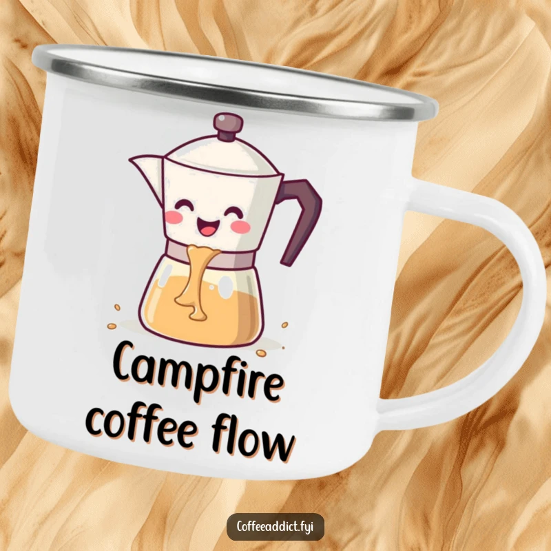 Funny kawaii coffee pot with a wide smile pouring a cascade of coffee, on a rugged camping mug.