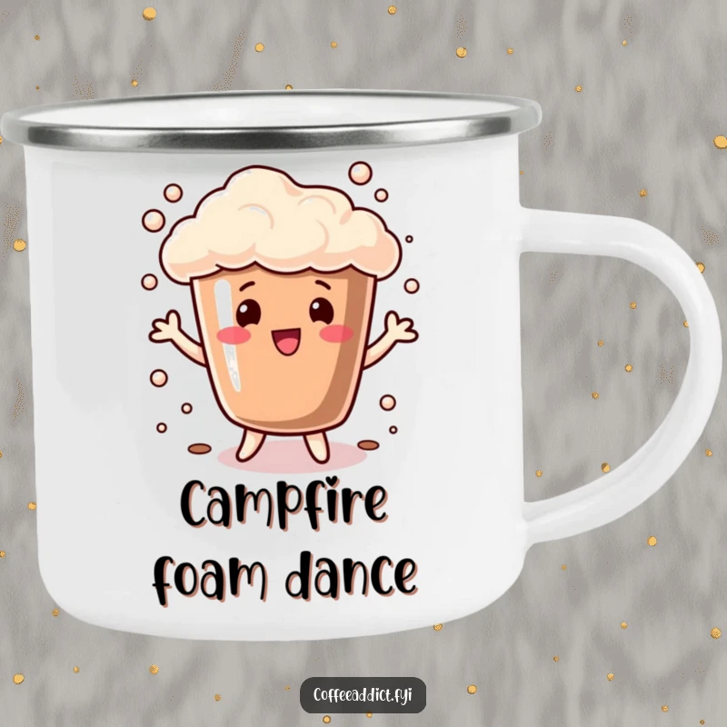 Funny Camping Mug depicting a coffee cup with bubbly foam doing a playful dance, designed for outdoor fun and coffee lovers.