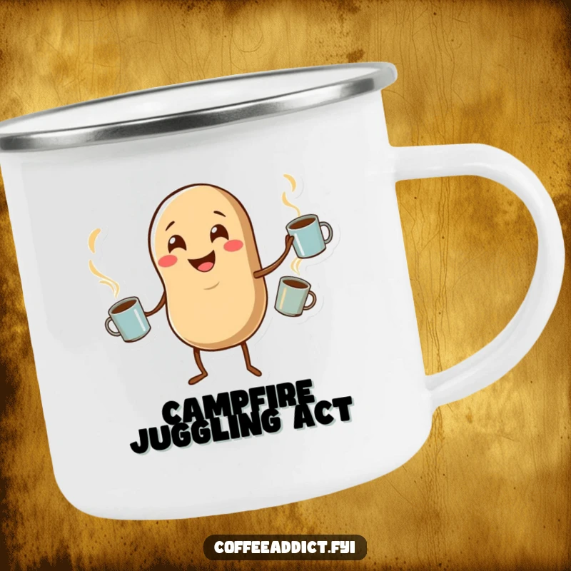 Funny camping mug with a coffee bean character juggling steaming mugs, combining durability with a humorous, whimsical design.