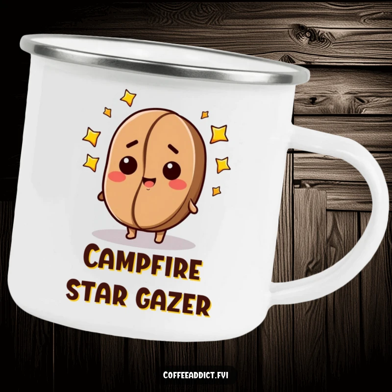Funny enamel camping mug featuring a dazed coffee bean with stars, perfect for enjoying beverages outdoors with a touch of whimsy.