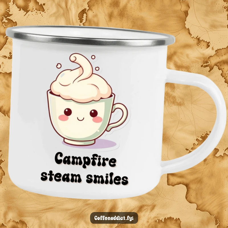 Funny Kawaii Teacup Camping Mug: Sturdy mug featuring a teacup character with a steam cloud forming a happy face, for humorous outdoor enjoyment.