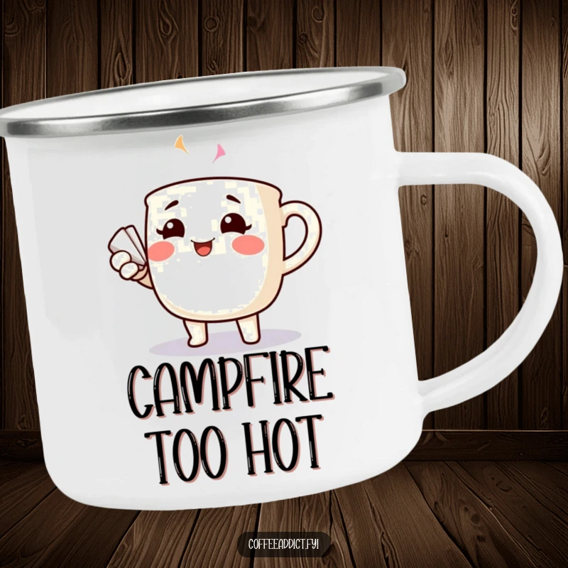 Funny cheerful coffee mug with rosy cheeks dramatically fanning itself, on a rugged camping mug.