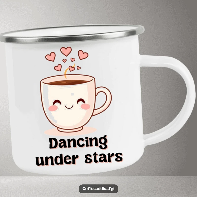 Funny smiling coffee cup with heart-shaped steam doing a happy dance, on a sturdy camping mug.