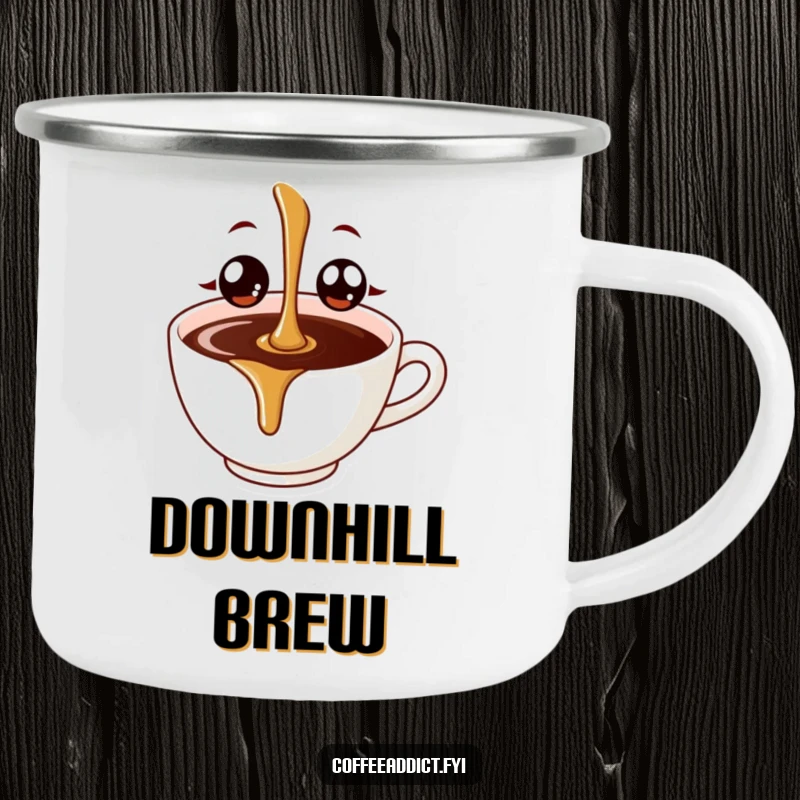 Funny coffee drip with big, happy eyes ready to spill into a cup, illustrated on a rugged enamel camping mug.