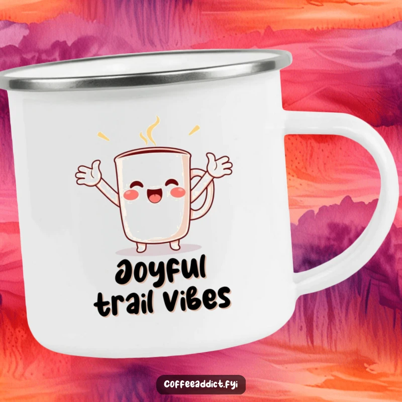 Funny Kawaii Coffee Mug Camping Mug depicting a character with arms spread in joy, perfect for outdoor coffee lovers.