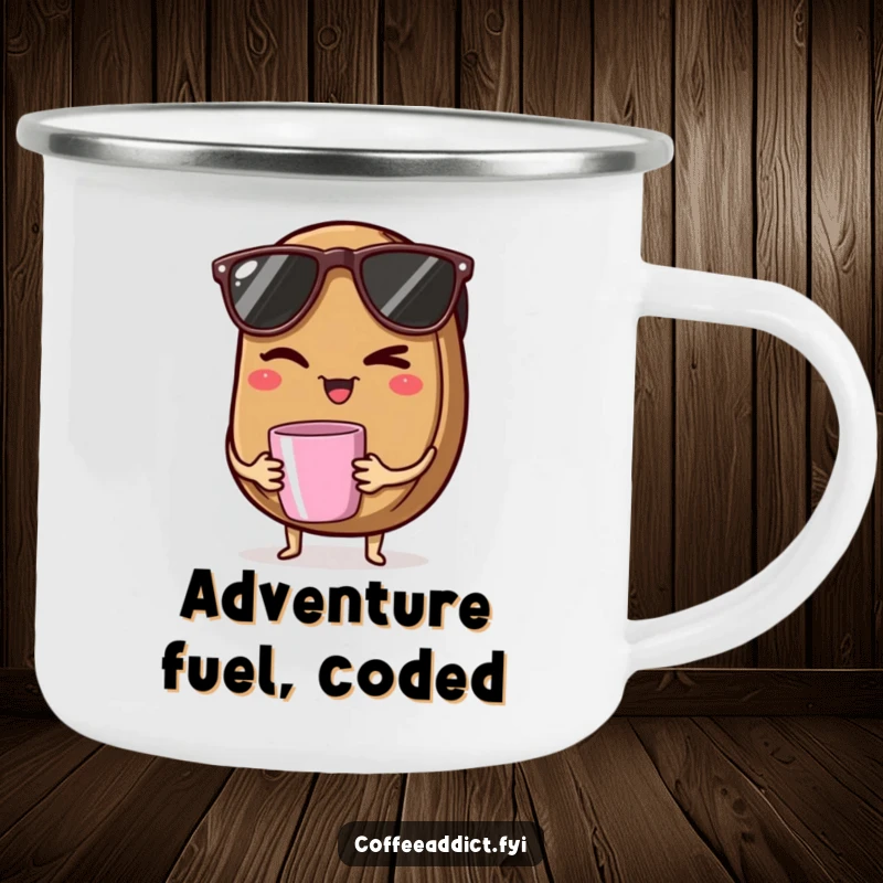 Funny camping mug with a coffee bean in sunglasses winking while holding a tiny mug, perfect for cool campers.