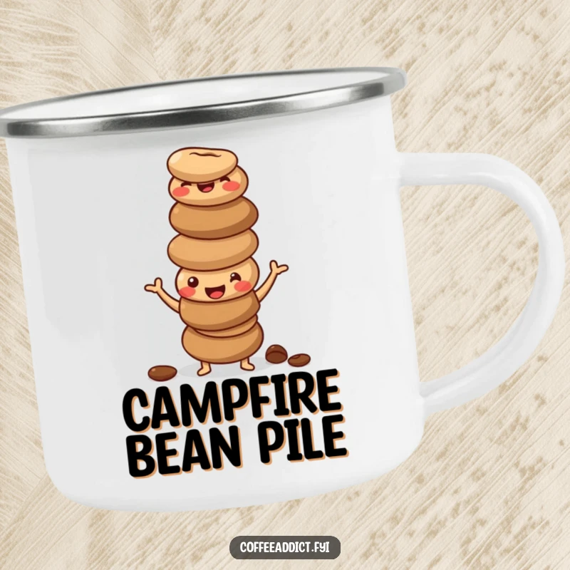 Funny camping mug with a stack of happy, wobbly coffee beans in a silly pose, perfect for jittery campers.