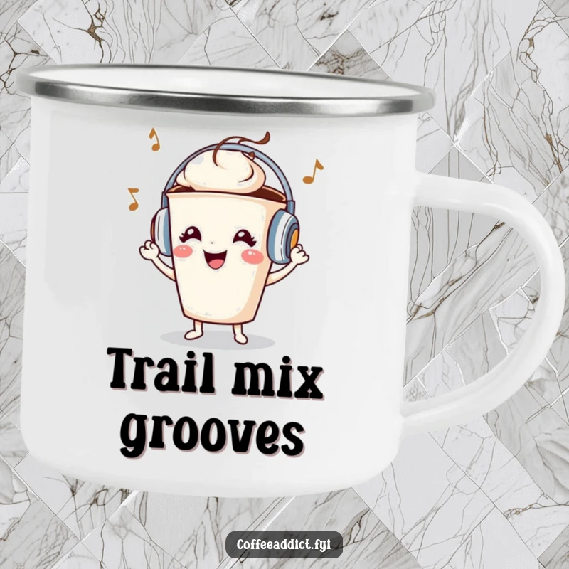 Funny coffee cup character with headphones, grooving outdoors, on a sturdy camping mug for adventures.