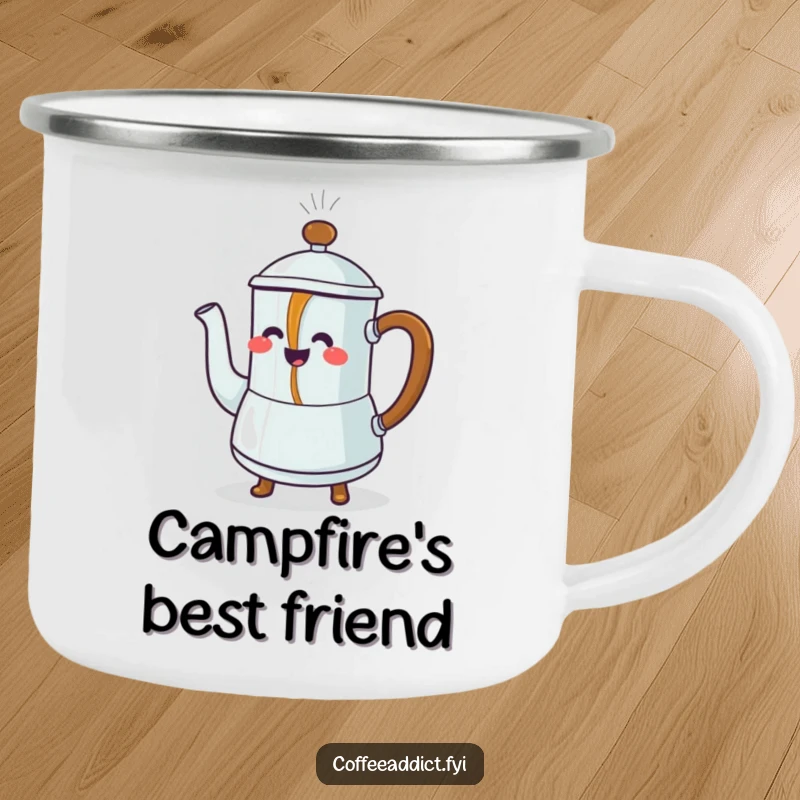 Funny Camping Mug: Steaming coffee pot character pouring dancing coffee, ideal for outdoor adventures with a dose of humor.