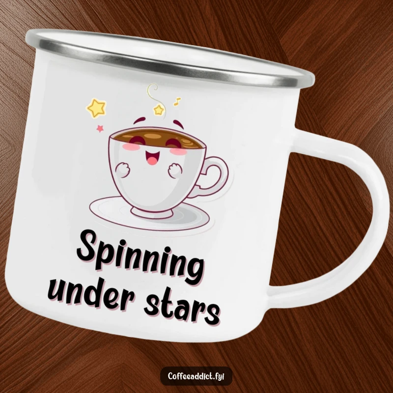 Funny camping mug featuring a spinning coffee saucer character, adding a fun element to outdoor coffee.