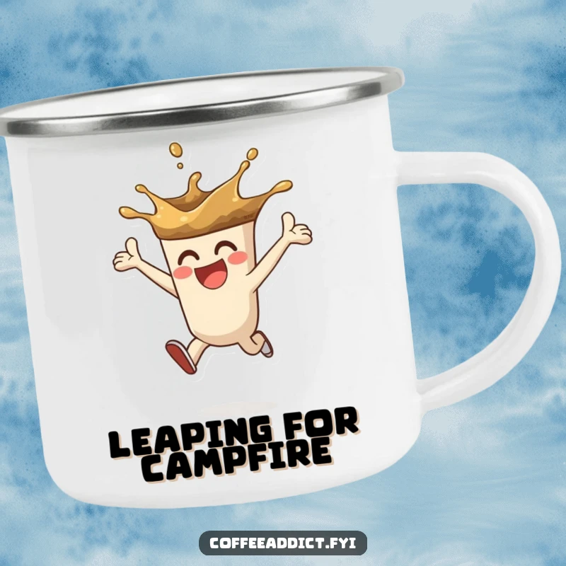Funny camping mug with a coffee splash character leaping with enthusiasm, perfect for outdoor use and coffee enjoyment.